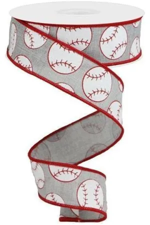 1.5" Glitter Baseball on Royal Ribbon: Gray (10 Yards)