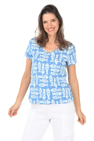 Blue Fish Block Print V-Neck Tee