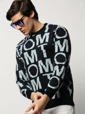 Men Navy Typographic Casual Sweaters